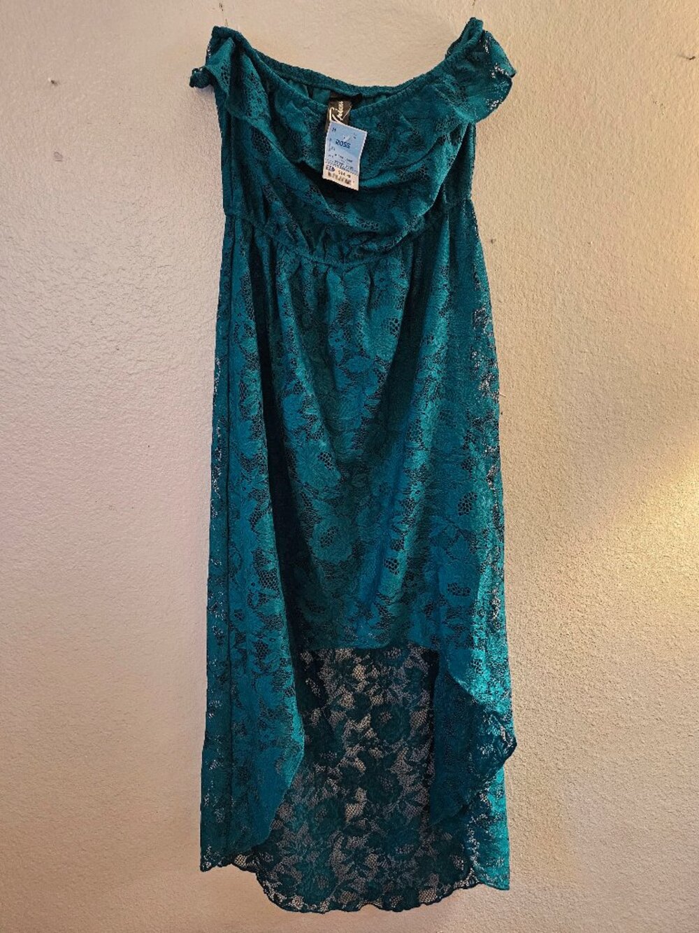 New Teal Turquoise Strapless Dress Size M Lace Design Short to Long